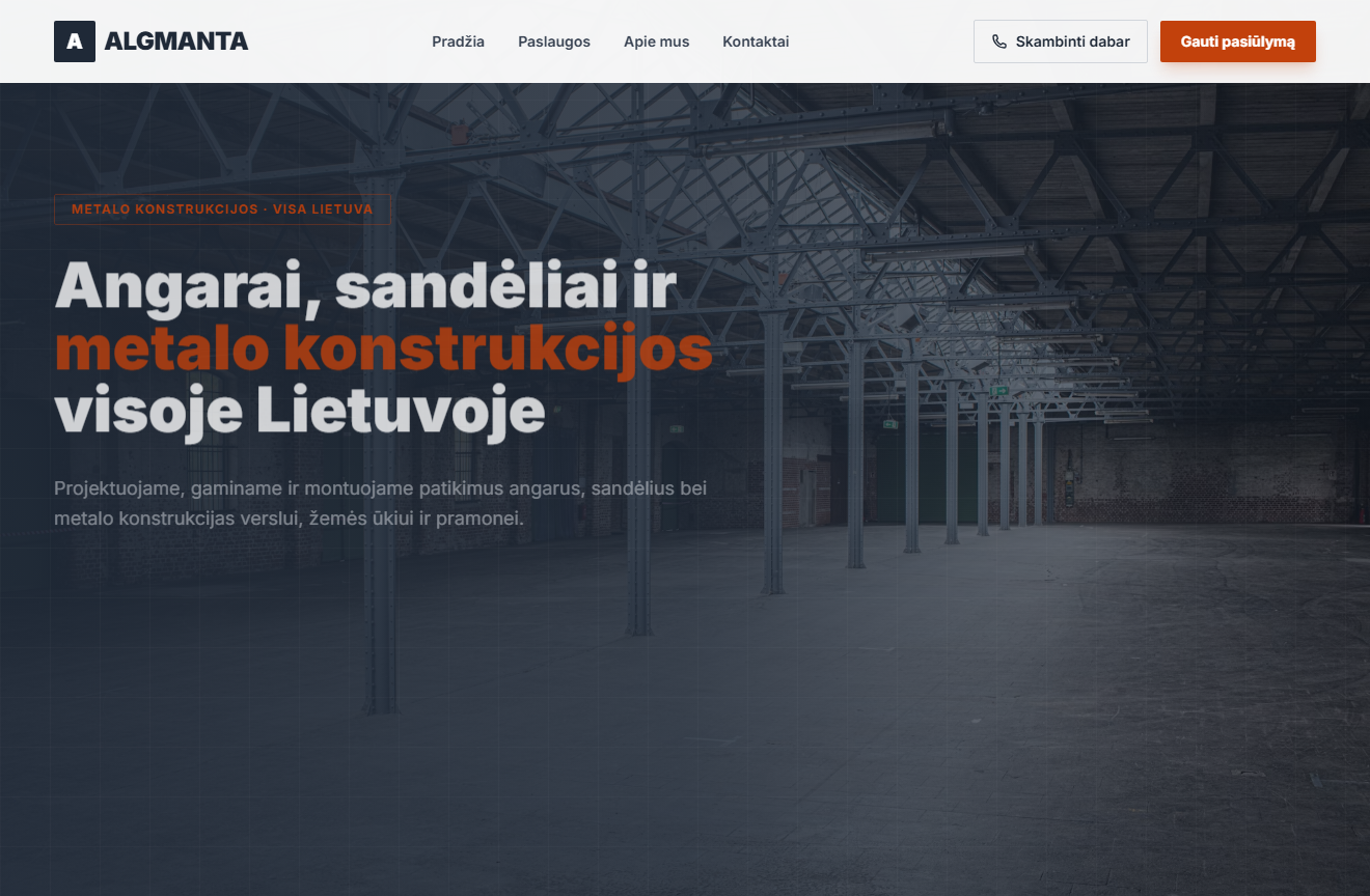 Algmanta svetainės pavyzdys – angarai ir metalo konstrukcijos